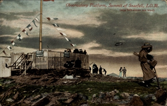 Isle of Man, viewpoint, Snaefell, people, flags, clouds, mountain landscape