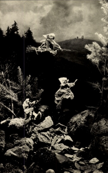 Photo Postcard Brocken witches flying on broomsticks, dolls