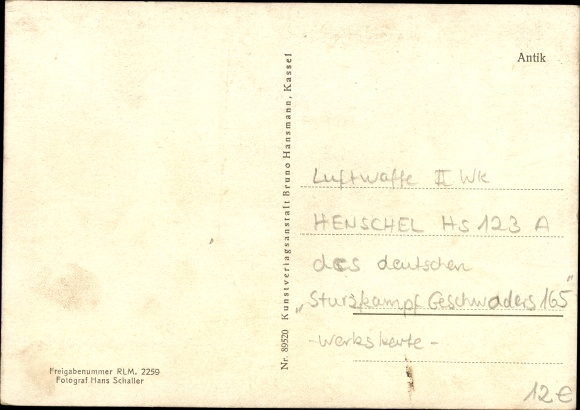 Postcard Deutsche Luftwaffe, dive bombers Henschel Hs 123 A, Stuka squadron 165