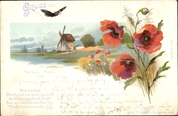 Chromo-Litho windmill, mill, butterfly, poppy, allegory, weekday, Tuesday