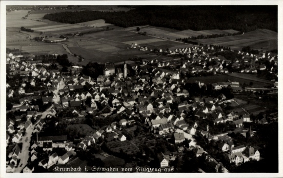 Postcard Krumbach Swabia, aerial view of Krumbach, many houses, fields, black and white photography