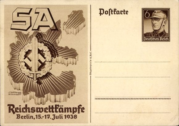 Postal stationery artist Postcard Axster Heudtlaß, SA Reichswettkämpfe Berlin 1938