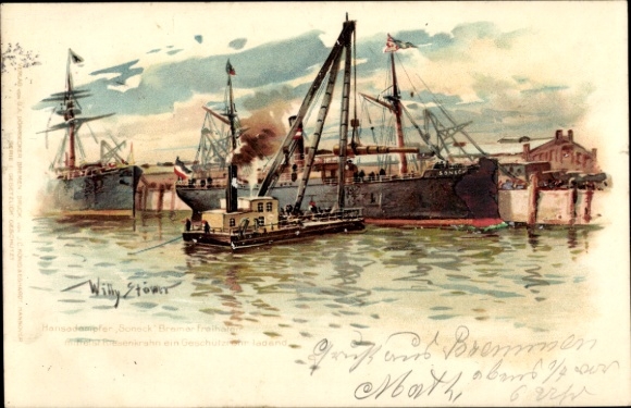 Kunstenaar litho Stöwer, Willy, stoomboot Soneck, DDG Hansa, vrachtschip, laden van een geweerloop