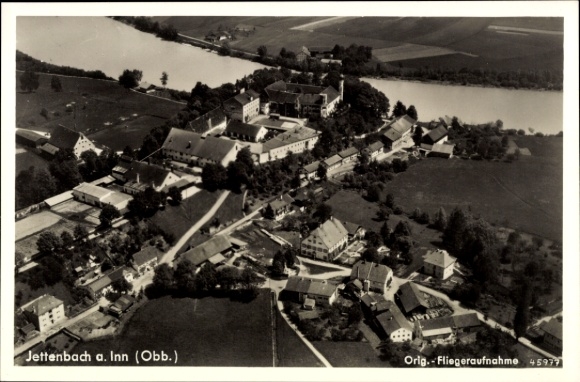 Postcard Jettenbach am Inn Upper Bavaria, aerial view of river, buildings, landscape