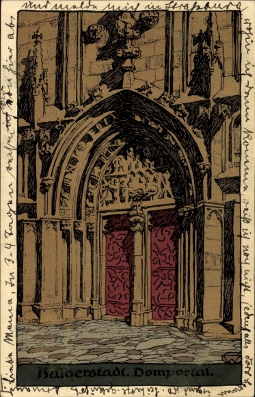 Lithograph Postcard Halberstadt am Harz, Cathedral Portal
