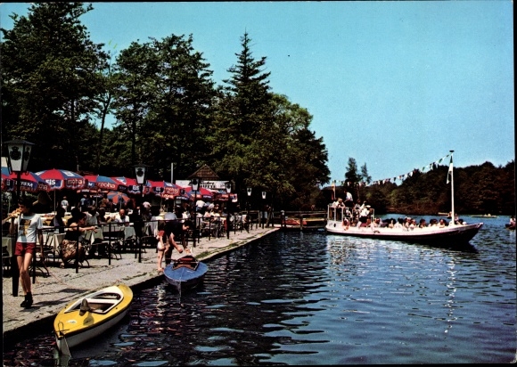 Ak Schwalmtal am Niederrhein, Inselschlösschen Hariksee, Terrasse, Boote