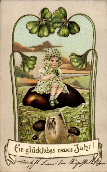 Präge Litho Fröhliches Neujahr, Kind sitzt auf einem Pilz, Kleeblätter