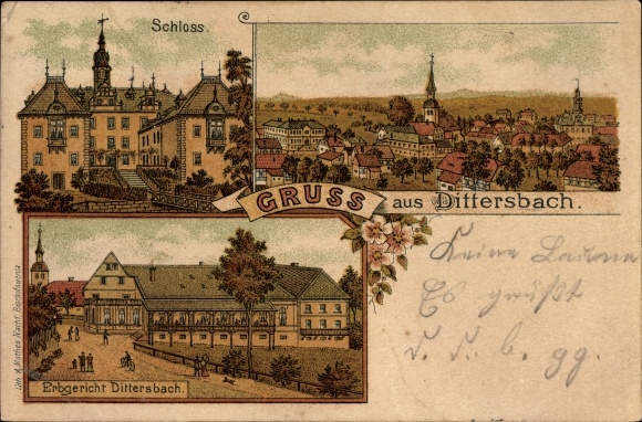 Chromo-Litho Dürrröhrsdorf Dittersbach in Saxony, castle, inheritance court, panorama of the place
