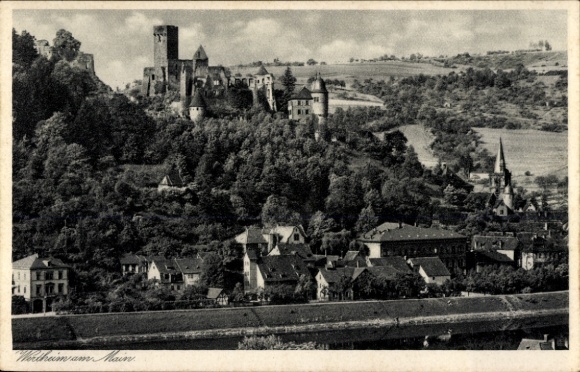 PC Wertheim am Main, black and white picture of a castle, view of the town, green hills