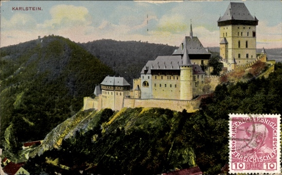 KP Karlštejn Karlstein Czechy Środkowe, okolice zamku w Bergen, kolorowa, znaczek