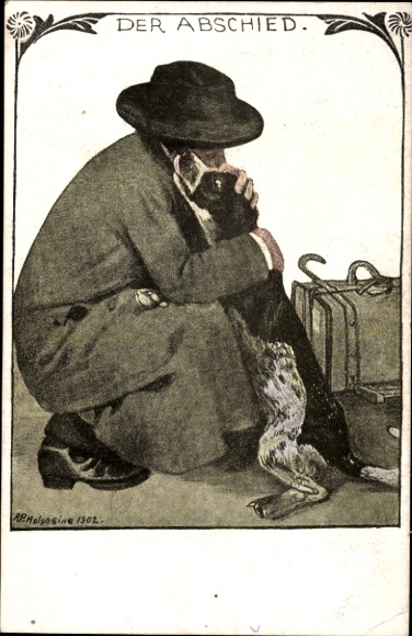Kunstenaarskaart Pfeiffer, Richard, afscheid, man, hond