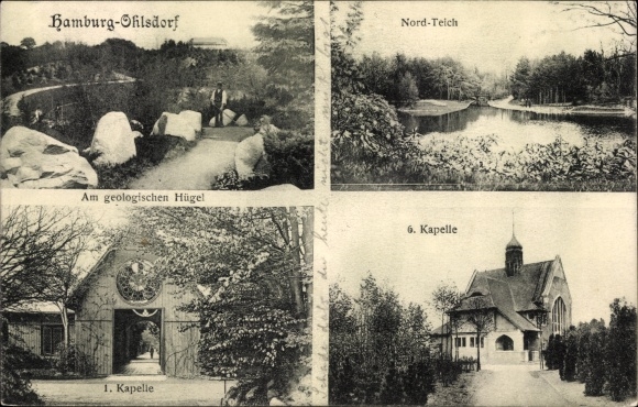 Ansichtkaart Hamburg Nord Ohlsdorf, uitzicht, geologische heuvel, noordelijke vijver, 3e en 6e kapel
