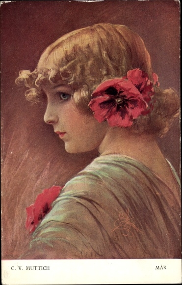 Artist PC Muttich, CV, young woman with poppy flowers in her hair