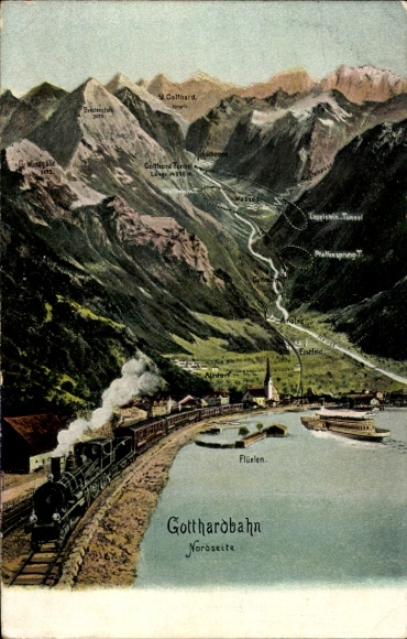 Postcard Flüelen Kt. Uri Switzerland, Gotthardbahn, Erstfeld, Dammastock, Leckihorn, Galenstock