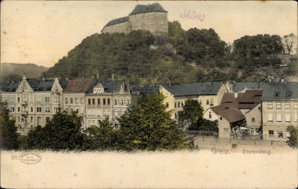 Ak Greiz im Vogtland Thüringen, Schloss, Elstersteig,  Gebäude, bunte 
