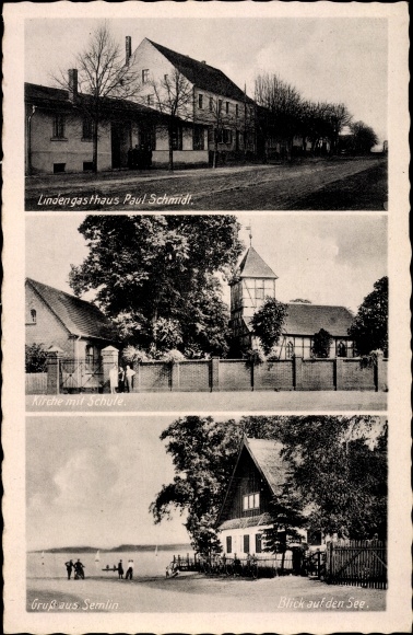 Ak Semlin Rathenow in Havelland, herberg Linden, kerk, school, feest aan het meer