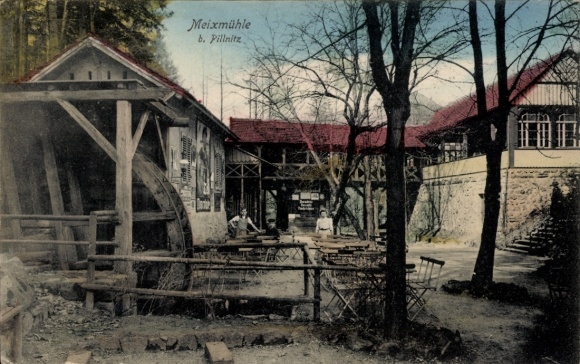 Postcard Dresden Pillnitz, Meixmühle, waterwheel, terraces, buildings