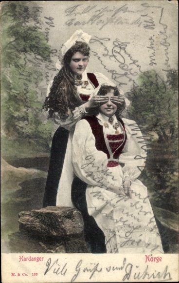 Postcard Hardanger Norway, Two women in traditional costume