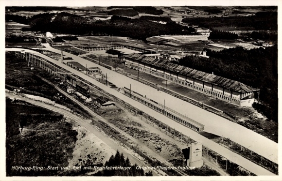 Postcard Nürburg, Nürburgring, view of the start and finish, race paddock