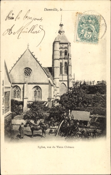 Postcard Damville Eure, Church, view from the Old Chateau