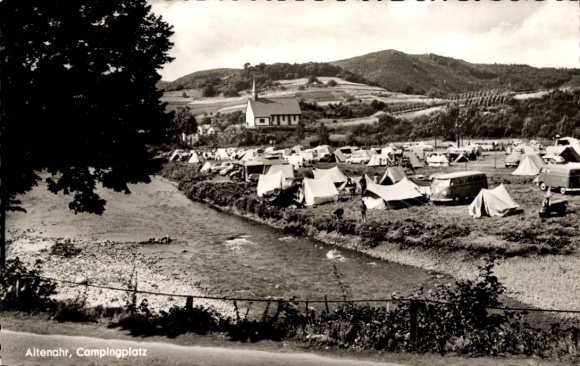 Postcard Altenahr in the Ahr Valley, beautiful landscape, campsite, tents, river, caravan