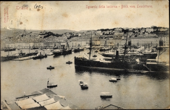 Postcard Triest Trieste Friuli Venezia Giulia, View from the lighthouse to the harbour, Imperial and Royal Merchant Navy
