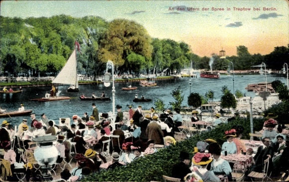 Ak Berlin Treptow, Bootsfahrten, Parkszene, Menschen auf Terrassen, Spree, Treptow