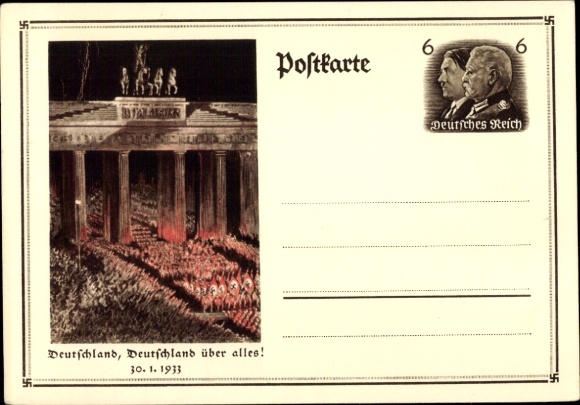 Ganzsachen Ak Berlin, Deutschland über alles, Aufmarsch 30. Januar 1933, Brandenburger Tor
