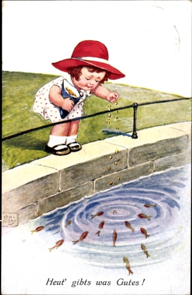 Artist Postcard Wills, John, April 1, Girl Feeding Fish