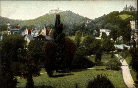 Postcard Lutherstadt Eisenach in Thuringia, view from Carthusian Garden with Villa Reuter