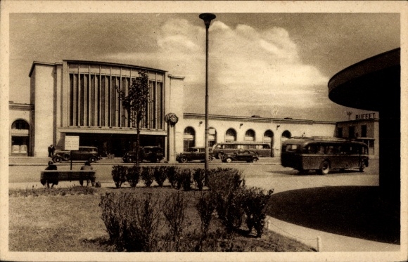 Postcard Caen Calvados, train station, forecourt, buses