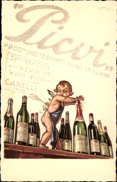 Künstler Ak Picvi, Sektflaschen, Tresen, Engel mit Schürze, Spumanti, Vermut, Vini Fini, Canelli