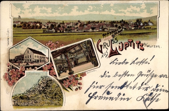 litho Lüptitz Lossatal Sachsen, herberg, balzaal, Spitzberg, overzicht