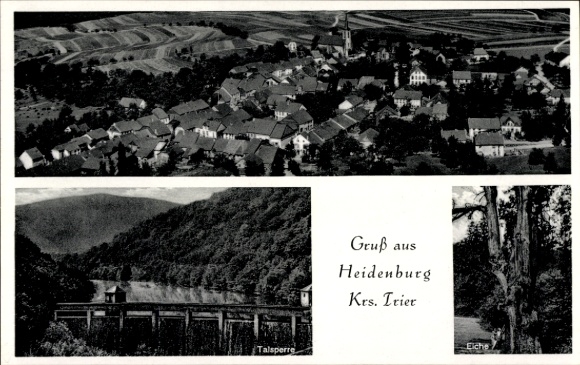 Postcard Heidenburg in the Hunsrück, aerial photograph, dam, oak tree