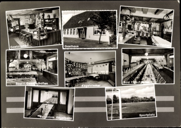 Postcard swarms in Lower Saxony, Rosenhagen&#39;s farmer&#39;s hall, bowling alley, sports field, hall