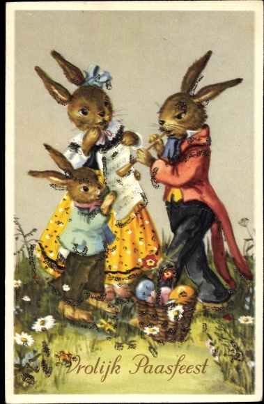 Glitter PC Happy Easter, Vrolijk Paasfeest, Easter Bunny, flute