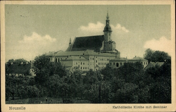 Postcard Neuzelle in Brandenburg, Catholic Church with Seminary