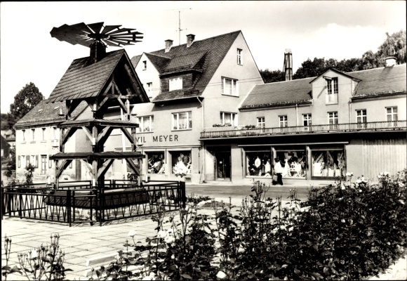 Postcard Raschau in the Ore Mountains, park at the House of Folk Art, Emil Meyer shop