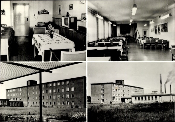 Ak Borna in Sachsen, Vierteilige Schwarz-Weiß-Fotografie, Wohnraum, Speisesaal, Außenseite, Fabri
