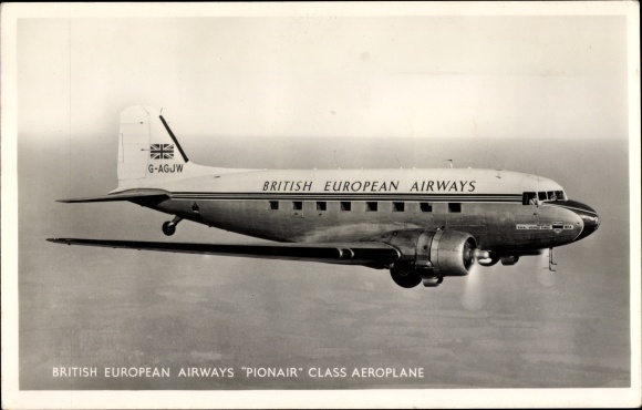 Postcard British passenger aircraft, British European Airways, Douglas DC 3, Pionair, G AGJW
