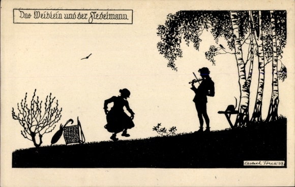 Paper cutting Postcard Forck, Elsbeth, IX. Series, Travelling People, The Little Woman and the Fiddler