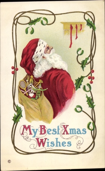 Ak Glückwunsch Weihnachten, Weihnachtsmann mit Geschenkesack, Misteln, Stechpalmenzweige