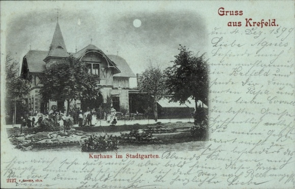 Mondschein Ak Krefeld am Niederrhein, Kurhaus im Stadtgarten