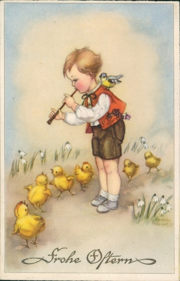 Postkaart kunstenaar Petersen, H., gefeliciteerd Pasen, jongen speelt fluit, kuiken, vogel