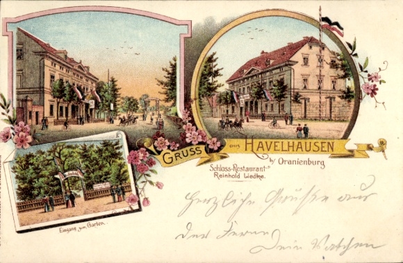 Chromo-Litho Havelhausen Hohen Neuendorf Oberhavel, castle restaurant, entrance to the garden