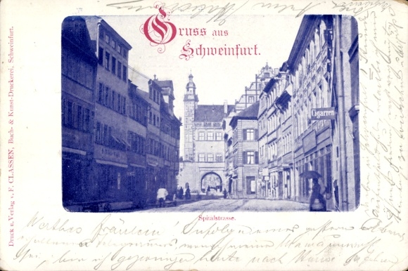 Postcard Schweinfurt in Lower Franconia Bavaria, Schlachtschüssel, greetings from Spitalstraße, old buildings, z
