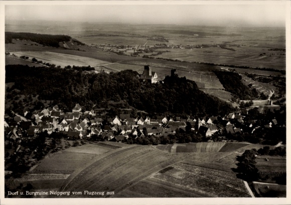 Postcard Brackenheim, village and castle ruins from the plane, aerial photograph