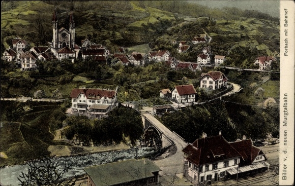 Ak Forbach im Schwarzwald Baden, Ort aus Vogelschau mit Bahnhof