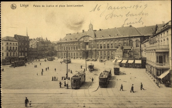 Postcard Liège Lüttich Wallonien, Palace of Justice, Place Saint Lambert, trams