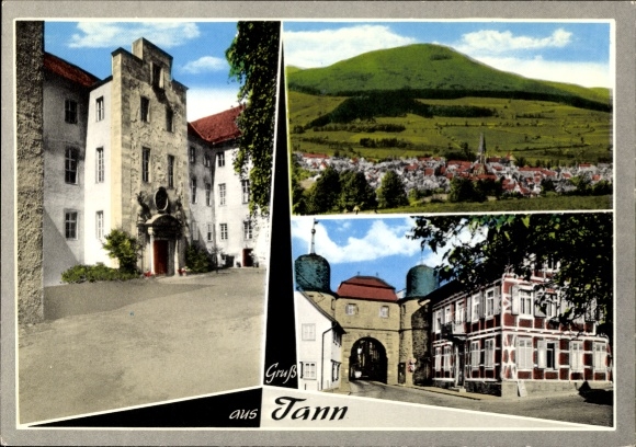 Postcard Tann in the Rhön in East Hesse, general view, gate, half-timbered house